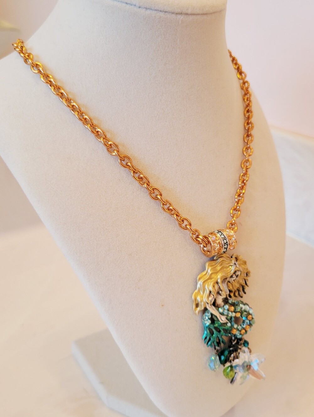 Kirks Folly Mermaid Pendant Necklace w Aqua and Green Accents & Gold-Tone Chain - Picture 3 of 12
